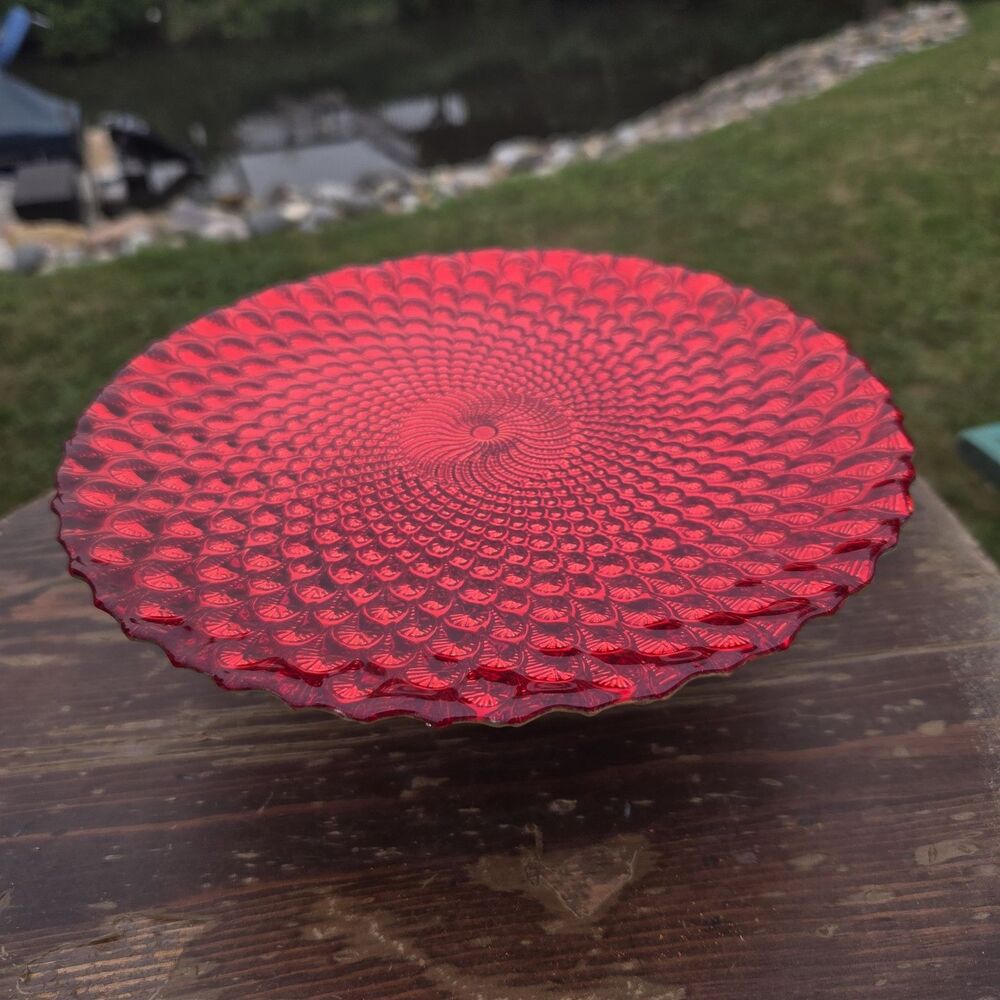 VTG Ruby Red Silver Peacock Feather Glass Pedestal Cake Stand 8" Round